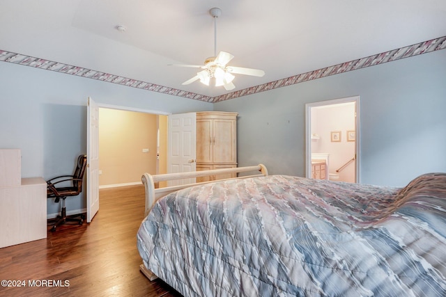 bedroom with hardwood / wood-style flooring, ceiling fan, and ensuite bathroom