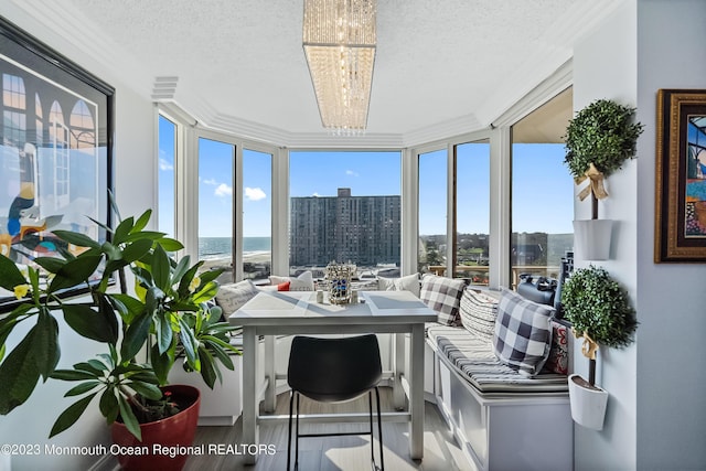 sunroom / solarium with a wealth of natural light, a water view, and a notable chandelier