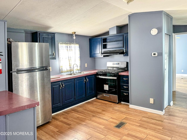 8 Monique Cir, Hazlet, NJ 07730 - kitchen featuring a sink, visible vents, stainless steel appliances, blue cabinetry, and light wood-type flooring