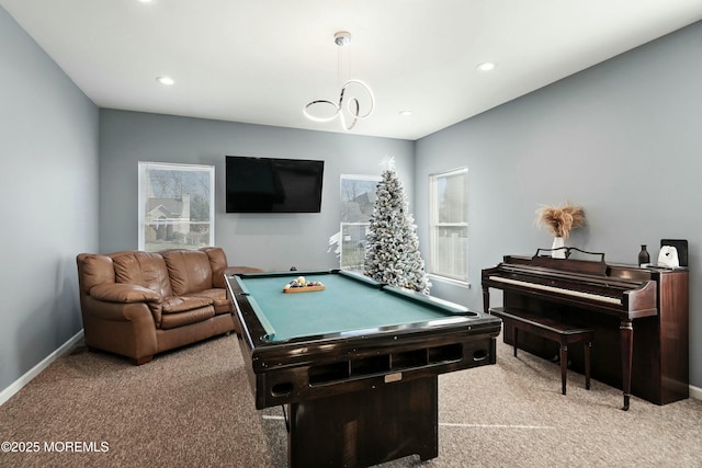 game room featuring light colored carpet and billiards