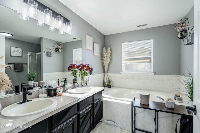 bathroom with vanity and separate shower and tub