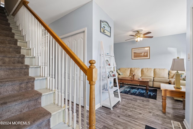 staircase featuring hardwood / wood-style floors and ceiling fan