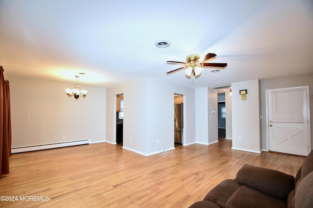 living room featuring ceiling fan with notable chandelier, light hardwood / wood-style floors, and baseboard heating