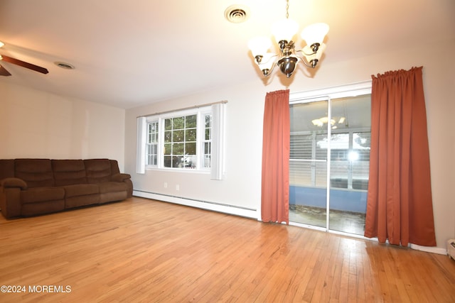 living room featuring ceiling fan, a baseboard radiator, and light wood-type flooring