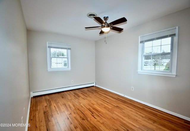 unfurnished room featuring ceiling fan, light hardwood / wood-style flooring, and a baseboard radiator