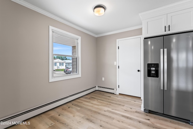 kitchen featuring white cabinets, light wood-type flooring, stainless steel fridge with ice dispenser, and a baseboard heating unit