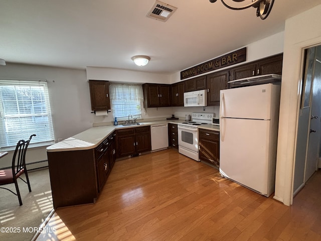 kitchen with kitchen peninsula, white appliances, light hardwood / wood-style flooring, and dark brown cabinetry