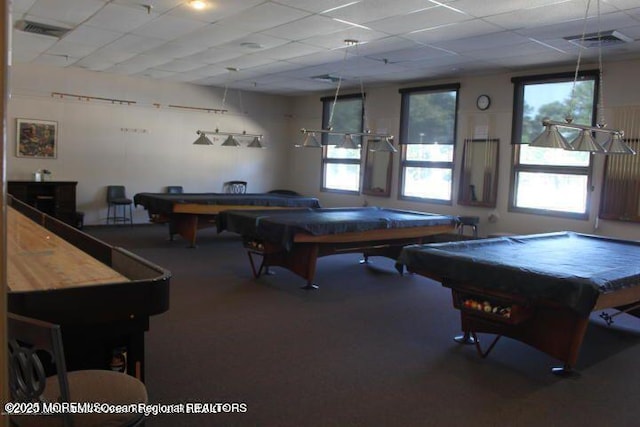 game room featuring a drop ceiling and billiards