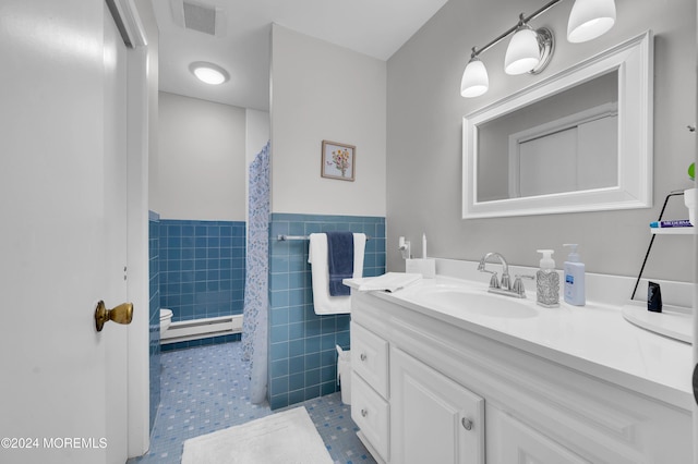 bathroom with tile patterned floors, vanity, tile walls, and a shower with shower curtain