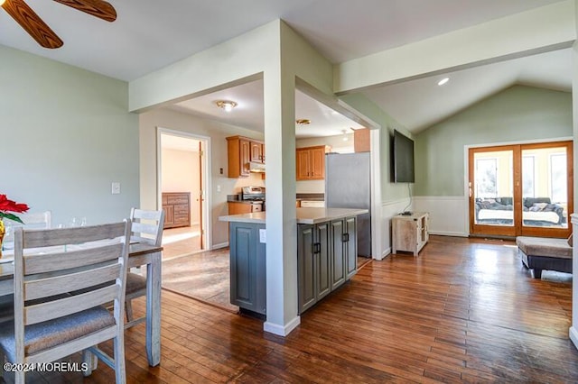 kitchen featuring stainless steel appliances, ceiling fan, and dark wood-type flooring