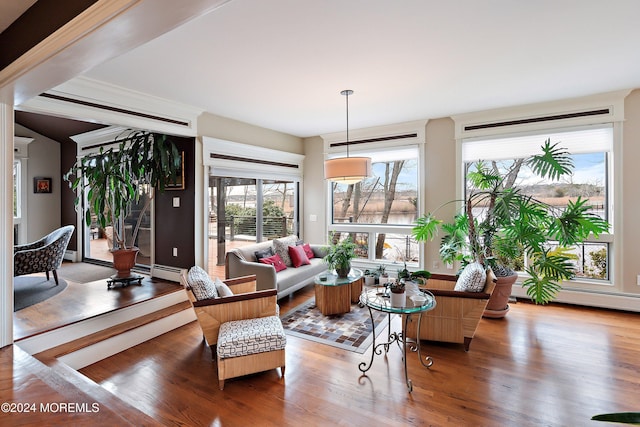 living room featuring baseboard heating and wood-type flooring