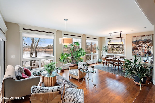 living room featuring hardwood / wood-style flooring, a water view, and a wealth of natural light