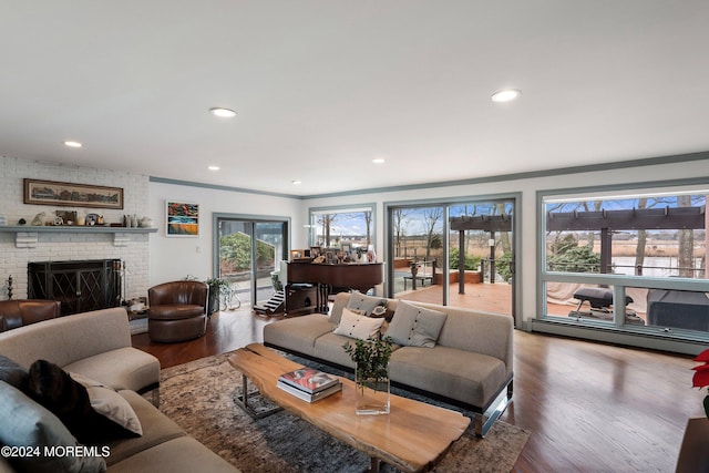 living room featuring a fireplace, crown molding, hardwood / wood-style floors, and a baseboard radiator