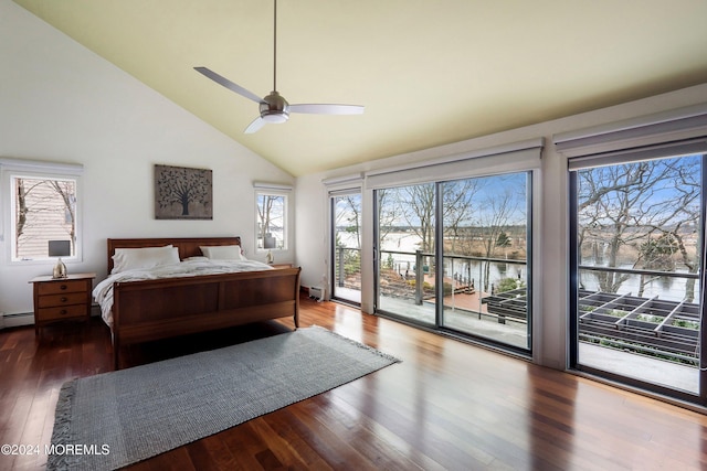 bedroom featuring access to exterior, ceiling fan, high vaulted ceiling, wood-type flooring, and a water view