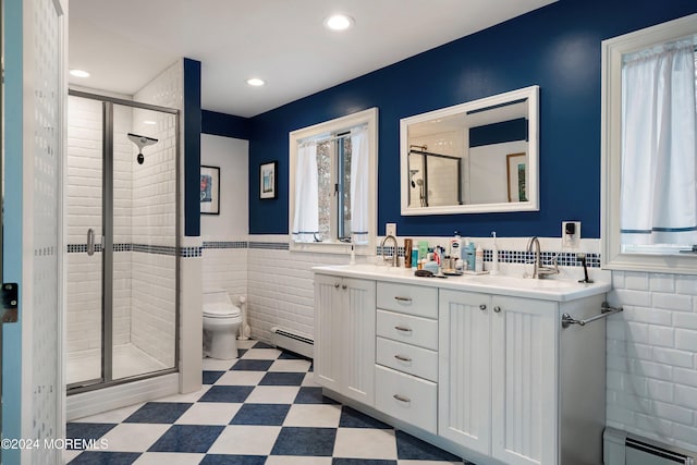 bathroom featuring an enclosed shower, toilet, baseboard heating, and tile walls