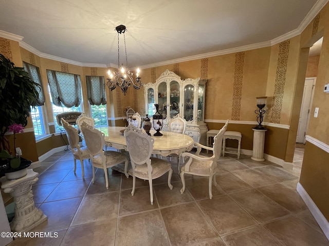 dining space with tile patterned flooring, a chandelier, and ornamental molding