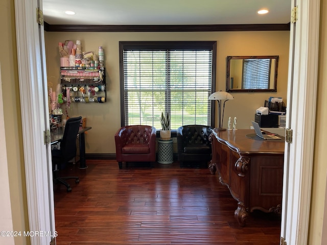 office space with crown molding and dark wood-type flooring