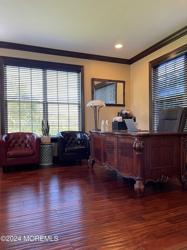 office space with dark wood-type flooring and ornamental molding