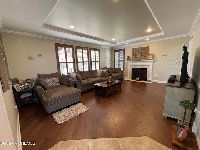 living room featuring ornamental molding, dark wood-type flooring, and a tray ceiling