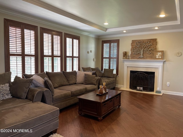 living room with dark hardwood / wood-style flooring, crown molding, and a tray ceiling