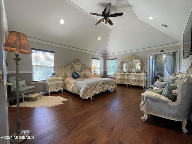 bedroom with ceiling fan, dark hardwood / wood-style flooring, lofted ceiling, and crown molding