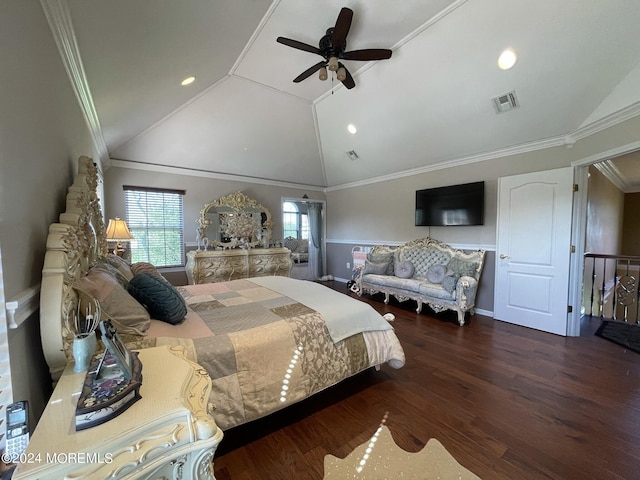 bedroom with ceiling fan, ornamental molding, dark wood-type flooring, and vaulted ceiling