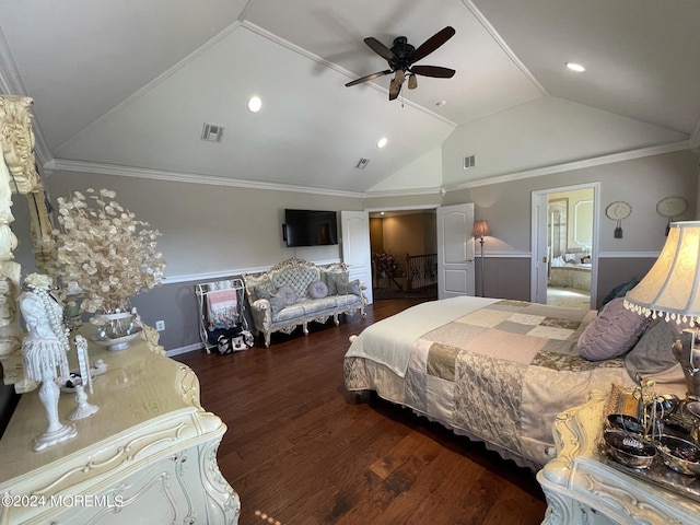 bedroom with ceiling fan, dark hardwood / wood-style flooring, crown molding, and vaulted ceiling