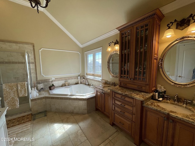 bathroom featuring vanity, ornamental molding, plus walk in shower, and vaulted ceiling