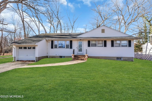 ranch-style home featuring a front lawn and a garage