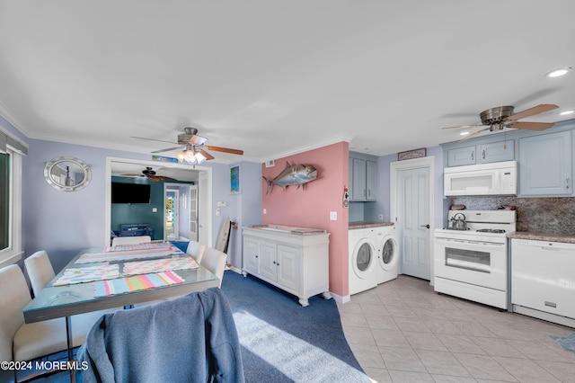 interior space with gray cabinetry, white appliances, crown molding, separate washer and dryer, and light tile patterned flooring