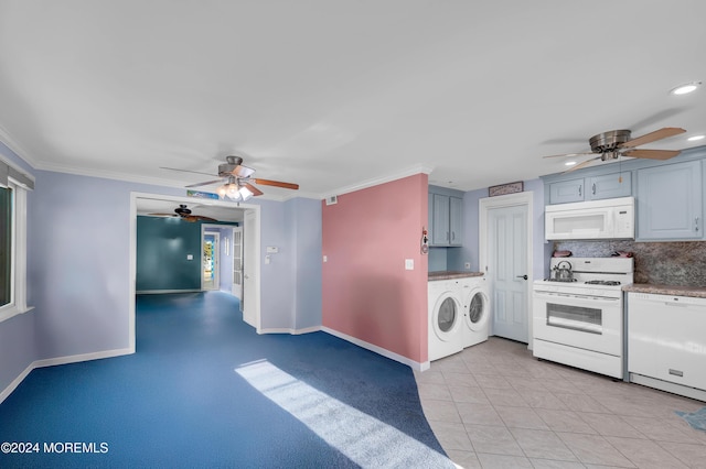 kitchen with washing machine and dryer, crown molding, white appliances, gray cabinets, and light tile patterned floors