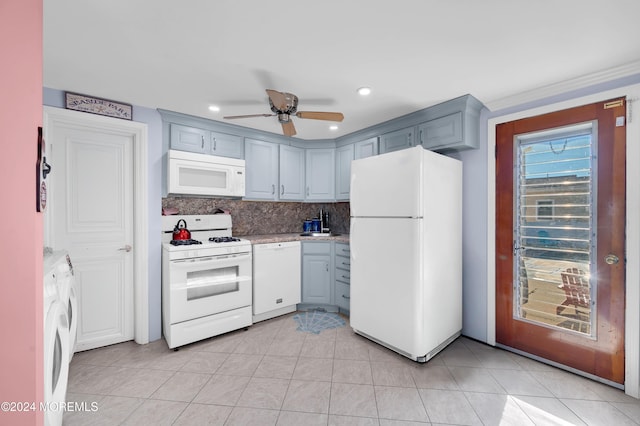 kitchen featuring gray cabinetry, white appliances, backsplash, ceiling fan, and light tile patterned flooring