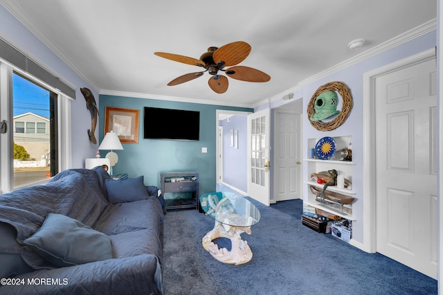 living room featuring dark carpet, ceiling fan, and crown molding