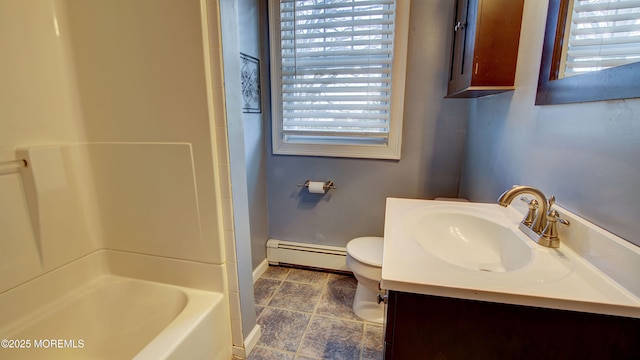 full bathroom featuring shower / bathing tub combination, vanity, toilet, and baseboard heating