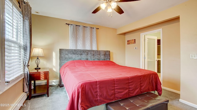 bedroom featuring carpet flooring, ceiling fan, connected bathroom, and a baseboard heating unit