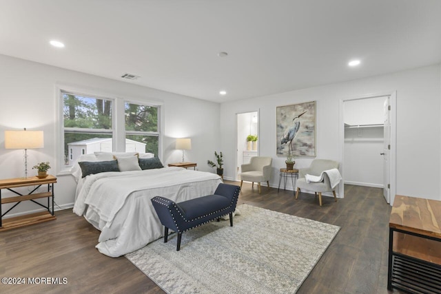 bedroom featuring dark hardwood / wood-style flooring, a spacious closet, and a closet