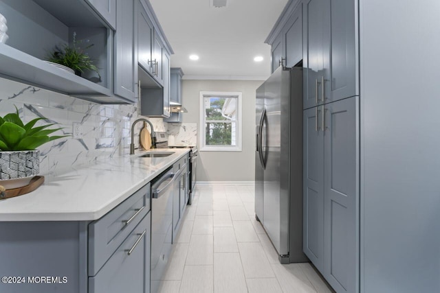 kitchen with stainless steel appliances, tasteful backsplash, and gray cabinetry