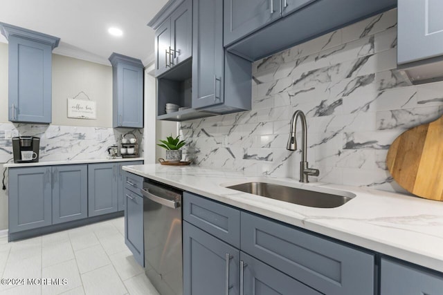 kitchen with decorative backsplash, light stone countertops, ornamental molding, sink, and dishwasher