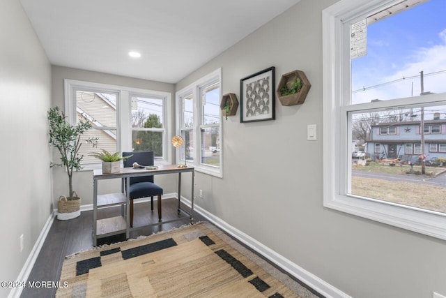 office with dark wood-type flooring