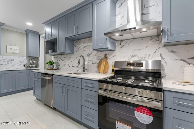 kitchen featuring sink, stainless steel appliances, island exhaust hood, decorative backsplash, and ornamental molding