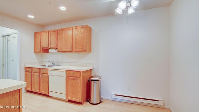 kitchen with light wood-type flooring, white dishwasher, a baseboard heating unit, and sink