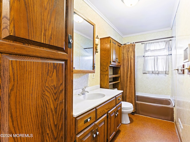 full bathroom with shower / bathtub combination with curtain, vanity, crown molding, and toilet