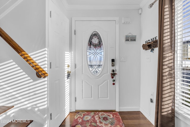 foyer featuring dark hardwood / wood-style floors and ornamental molding