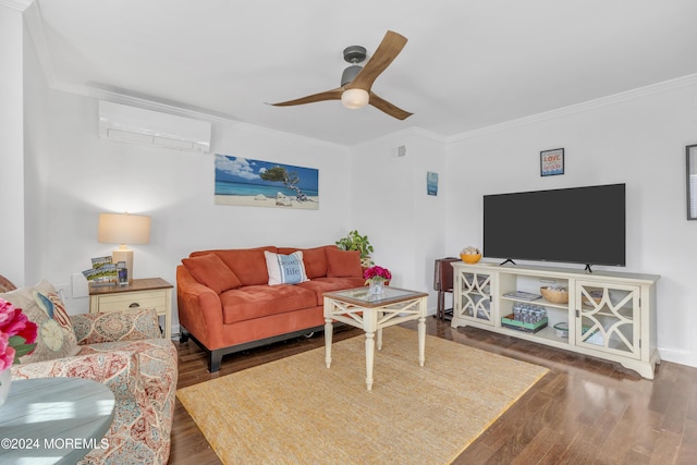 living room with a wall mounted AC, ceiling fan, dark hardwood / wood-style floors, and ornamental molding