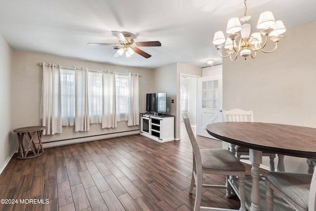 dining space with ceiling fan with notable chandelier, a baseboard radiator, and dark hardwood / wood-style floors