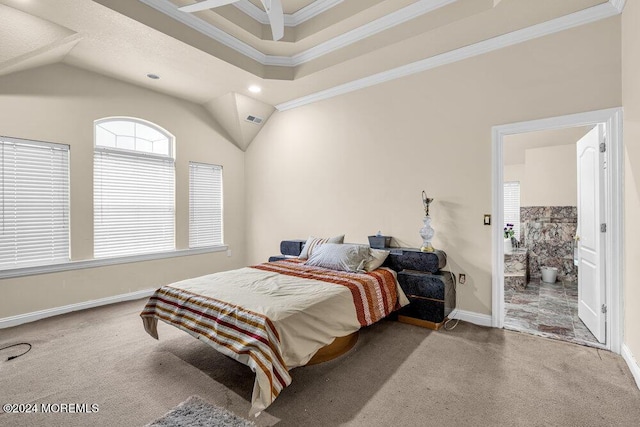 carpeted bedroom with a tray ceiling, crown molding, a towering ceiling, and ceiling fan