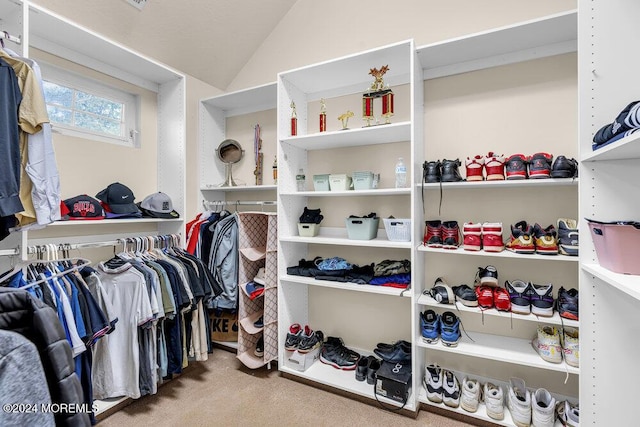 spacious closet with light colored carpet and vaulted ceiling