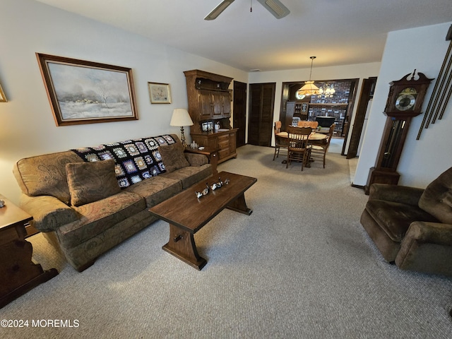 living room with carpet and ceiling fan