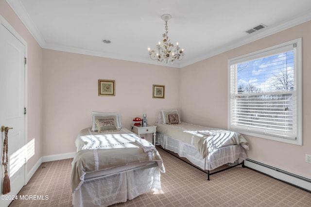 carpeted bedroom with an inviting chandelier, crown molding, and a baseboard radiator