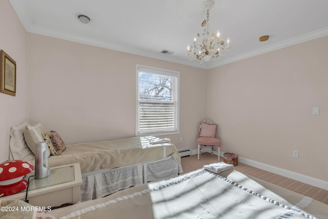 bedroom featuring a notable chandelier, carpet floors, crown molding, and a baseboard heating unit